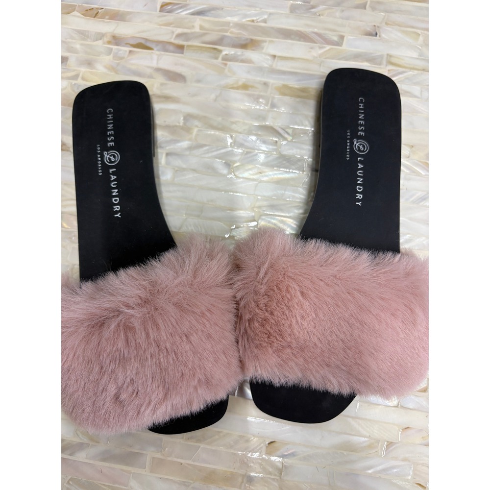 Chinese Laundry Womens Faux Fur Slide Sandals Pink Black Slip On US 7.5 EU 38